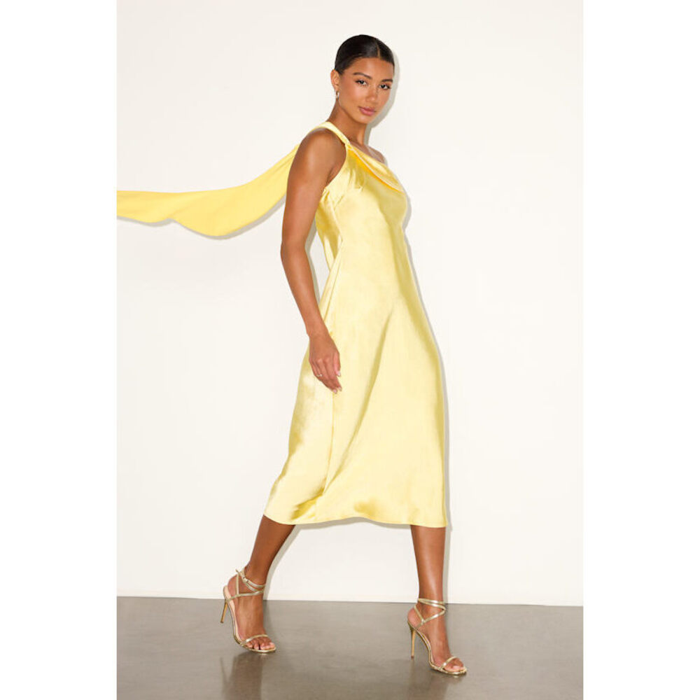 Lulus Naima Yellow Satin One-shoulder Midi Dress - Size M